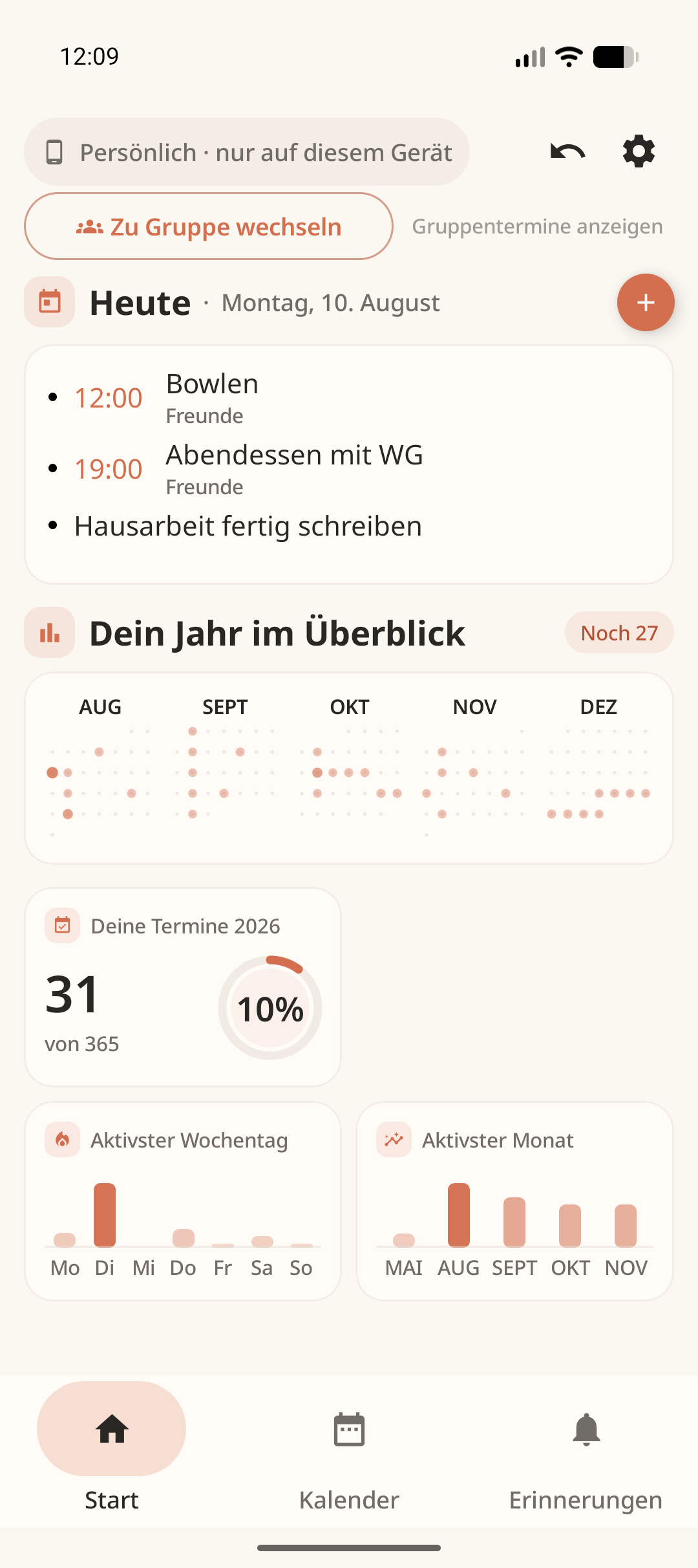 Kalenduo-Startseite im Stil Warm: heutige Termine und die Jahresübersicht